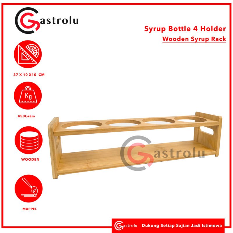 Rak Botol Sirup Kayu Bambu 4 Slot – Syrup Bottle Stand Monin / Torani | Rak Botol Barista