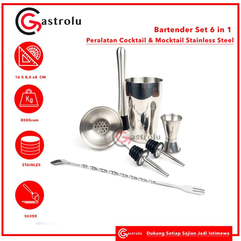 Bartender Set 6 in 1 Stainless – Alat Bikin Cocktail & Mocktail | Bar Tools Set Lengkap