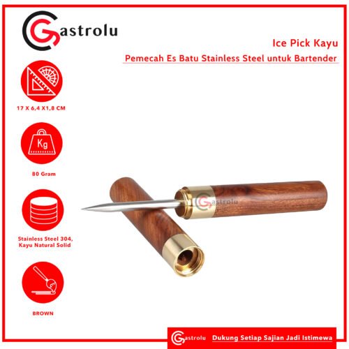 Ice Pick Kayu & Kuningan – Pemecah Es Batu Manual | Stainless Steel + Brass Ring | Bartender Whiskey Tool