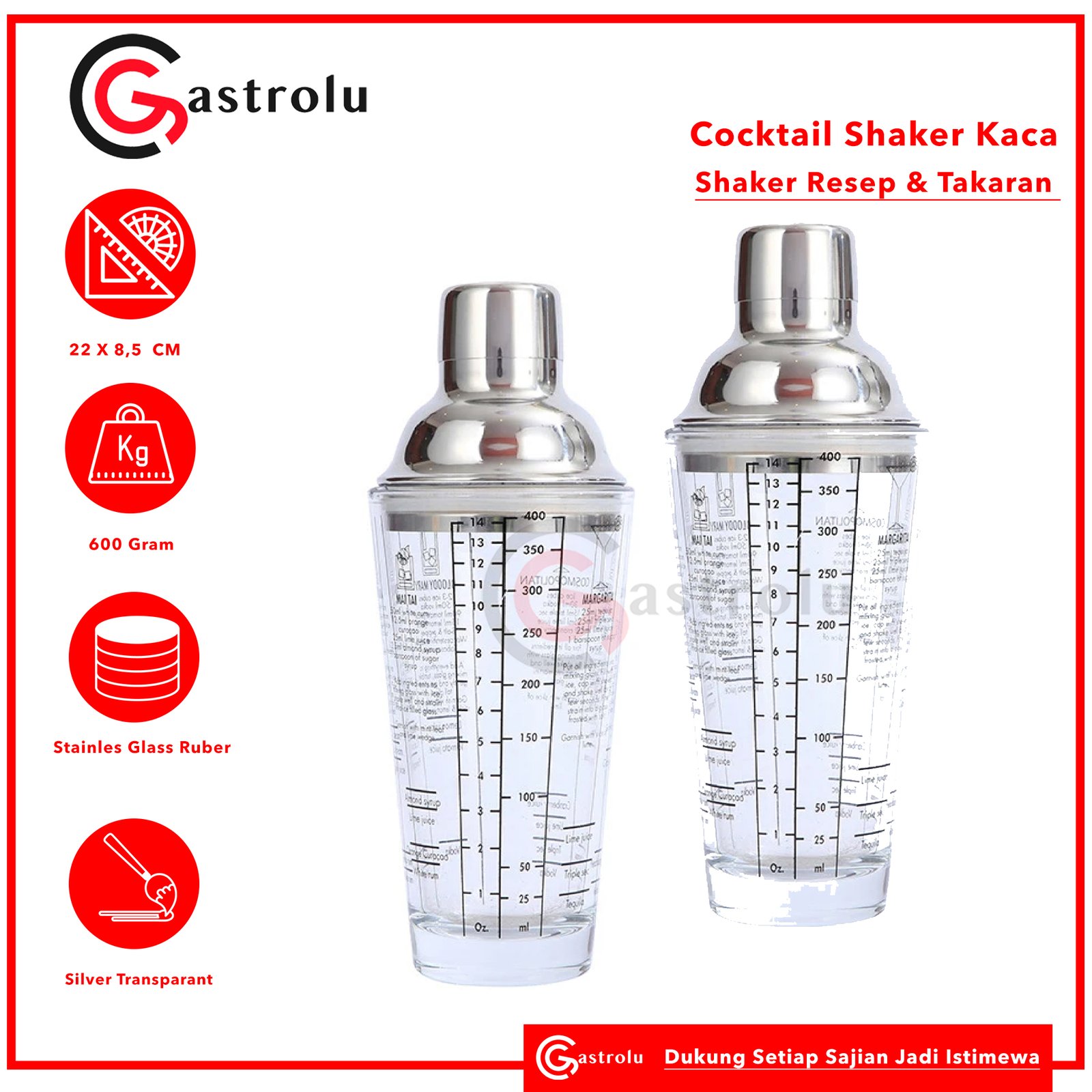 Cocktail Shaker Kaca 400ml dengan Resep & Takaran – Shaker Minuman | Tutup Stainless Steel