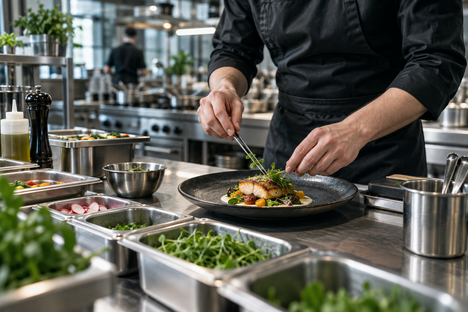Chef working at an organized commercial kitchen station