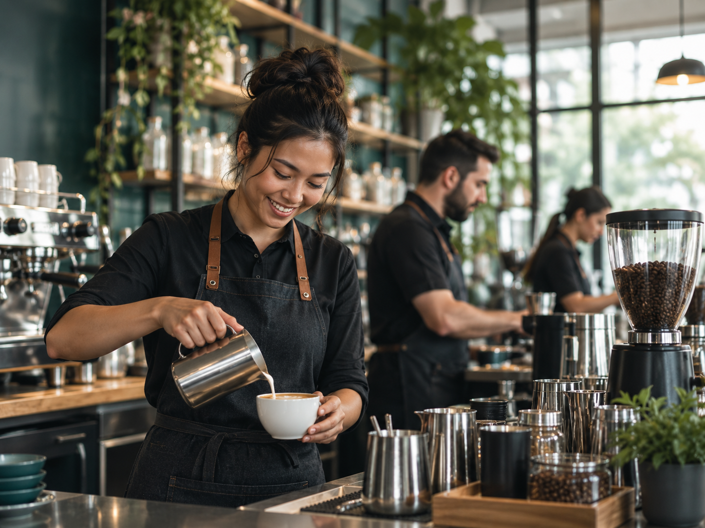 Barista menyiapkan minuman di café bersama timnya