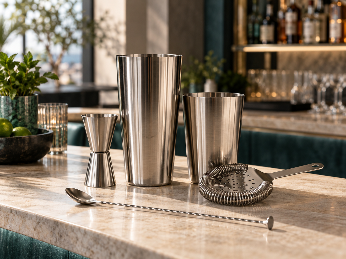 Boston shaker, jigger, strainer, dan bar spoon di meja bar