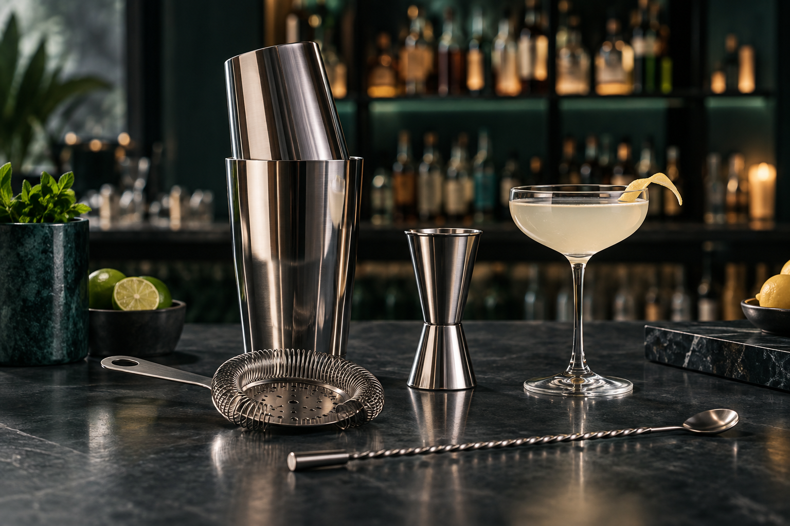 Professional bar tools arranged on a cocktail bar