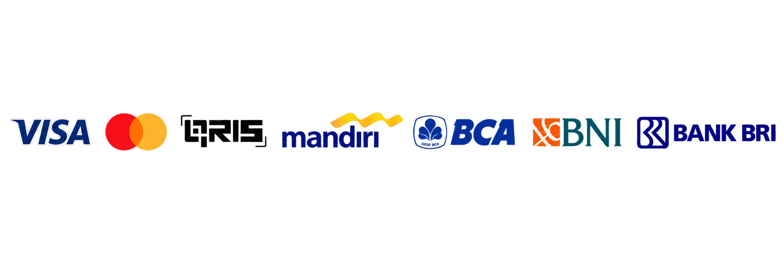Payment methods: Visa, Mastercard, QRIS, Mandiri, BCA, BNI, and Bank BRI