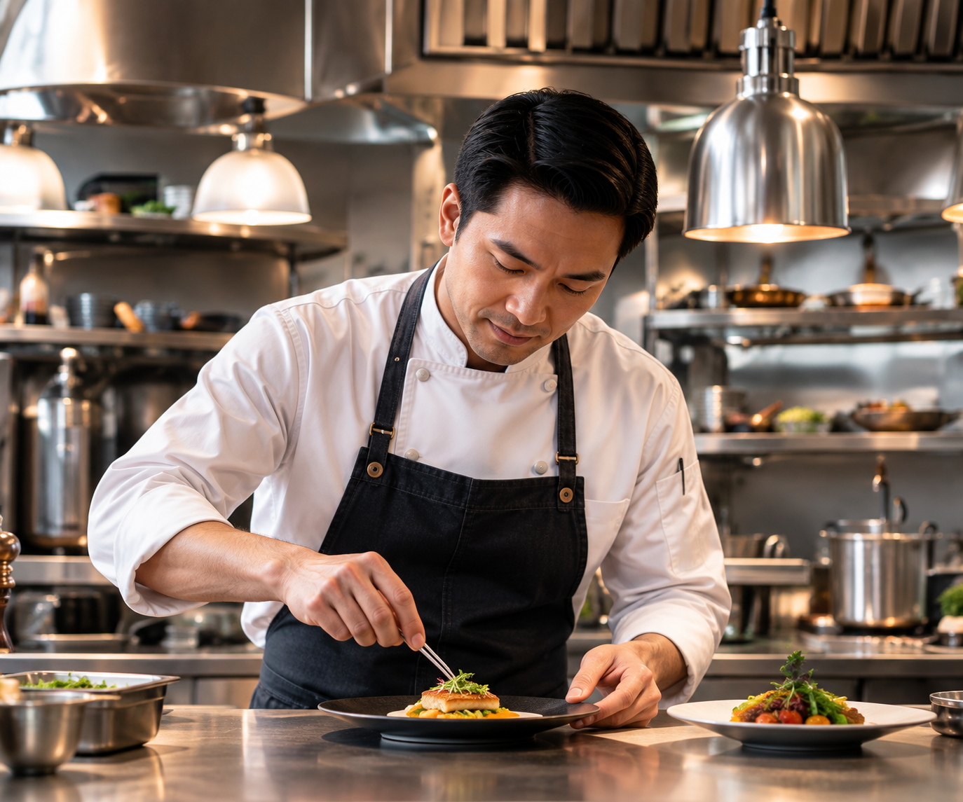 Professional commercial kitchen equipment and food preparation environment
