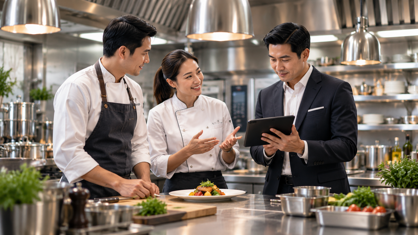 Hospitality professionals discussing commercial kitchen equipment