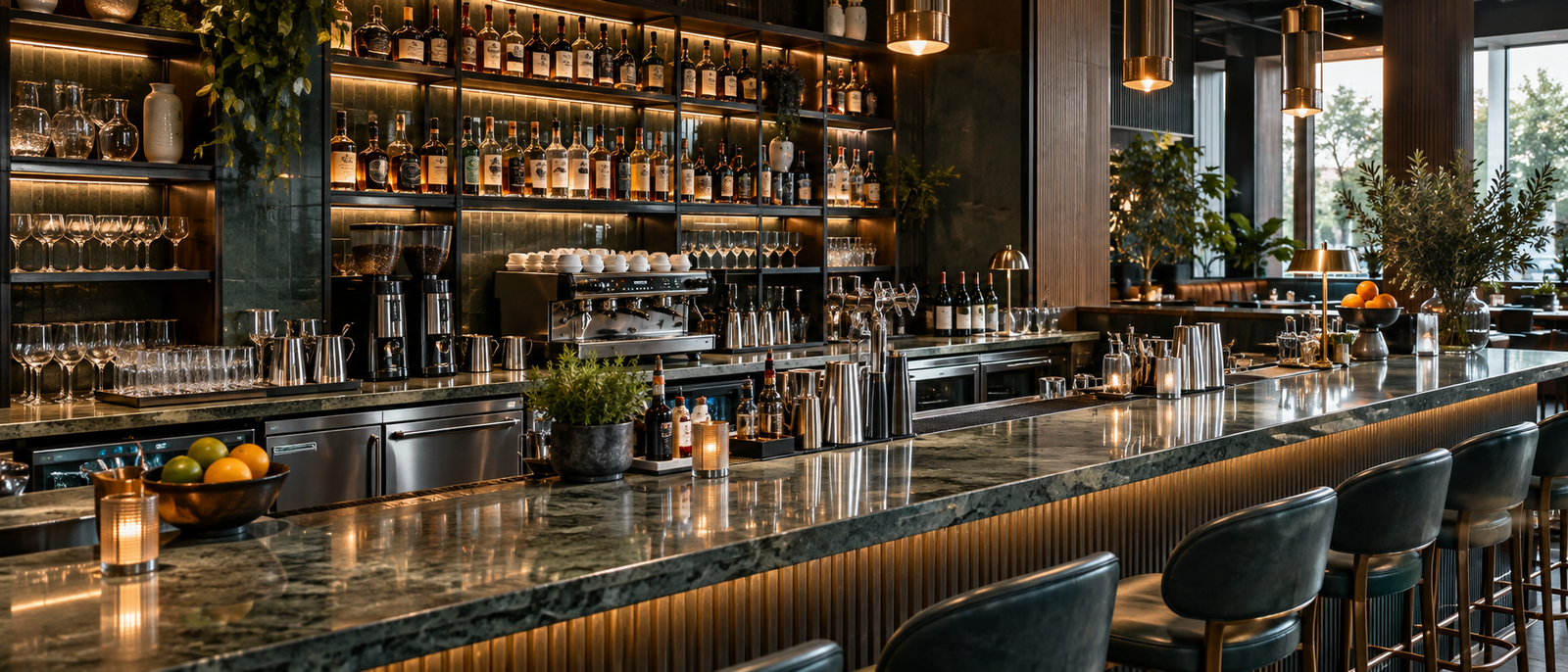 Professional hospitality bar and coffee equipment prepared for daily operations