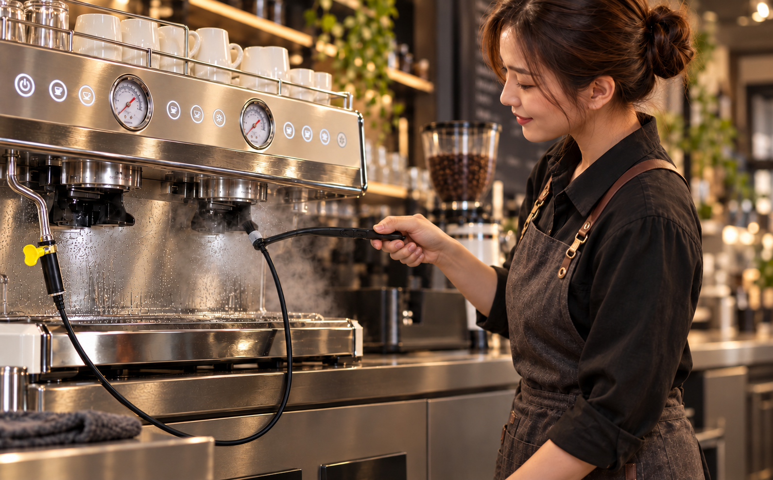 Professional cleaning an espresso machine using a steam cleaning brush