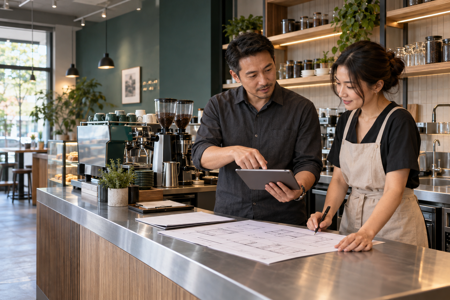 Hospitality professionals planning equipment and operational layout