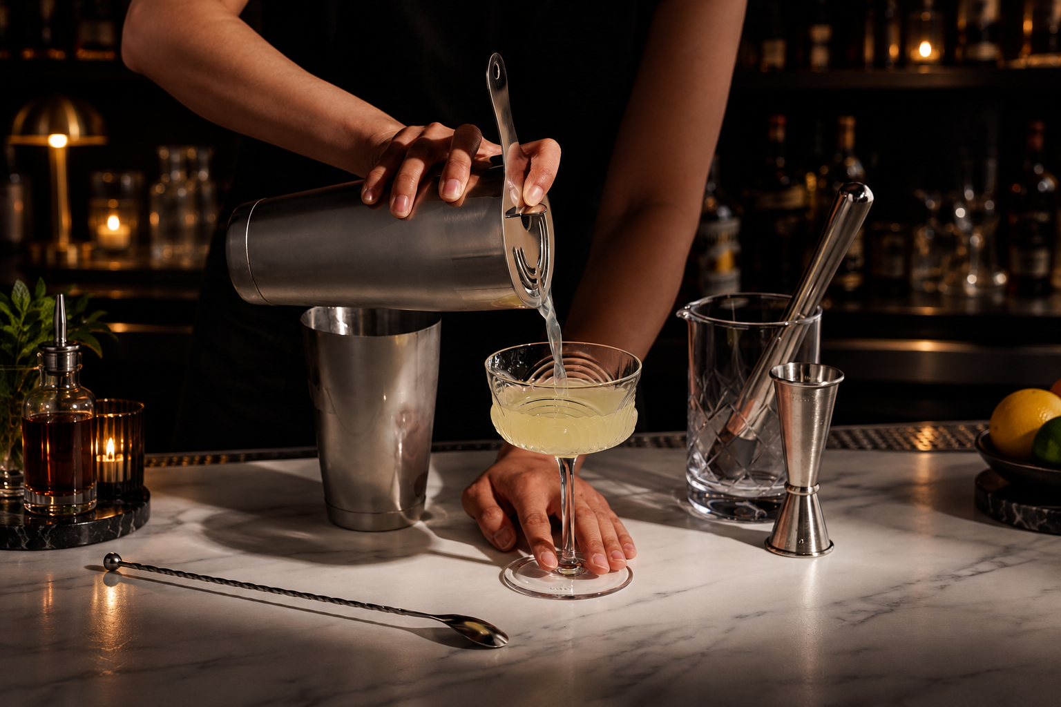 Professional bartender preparing a drink with bar equipment
