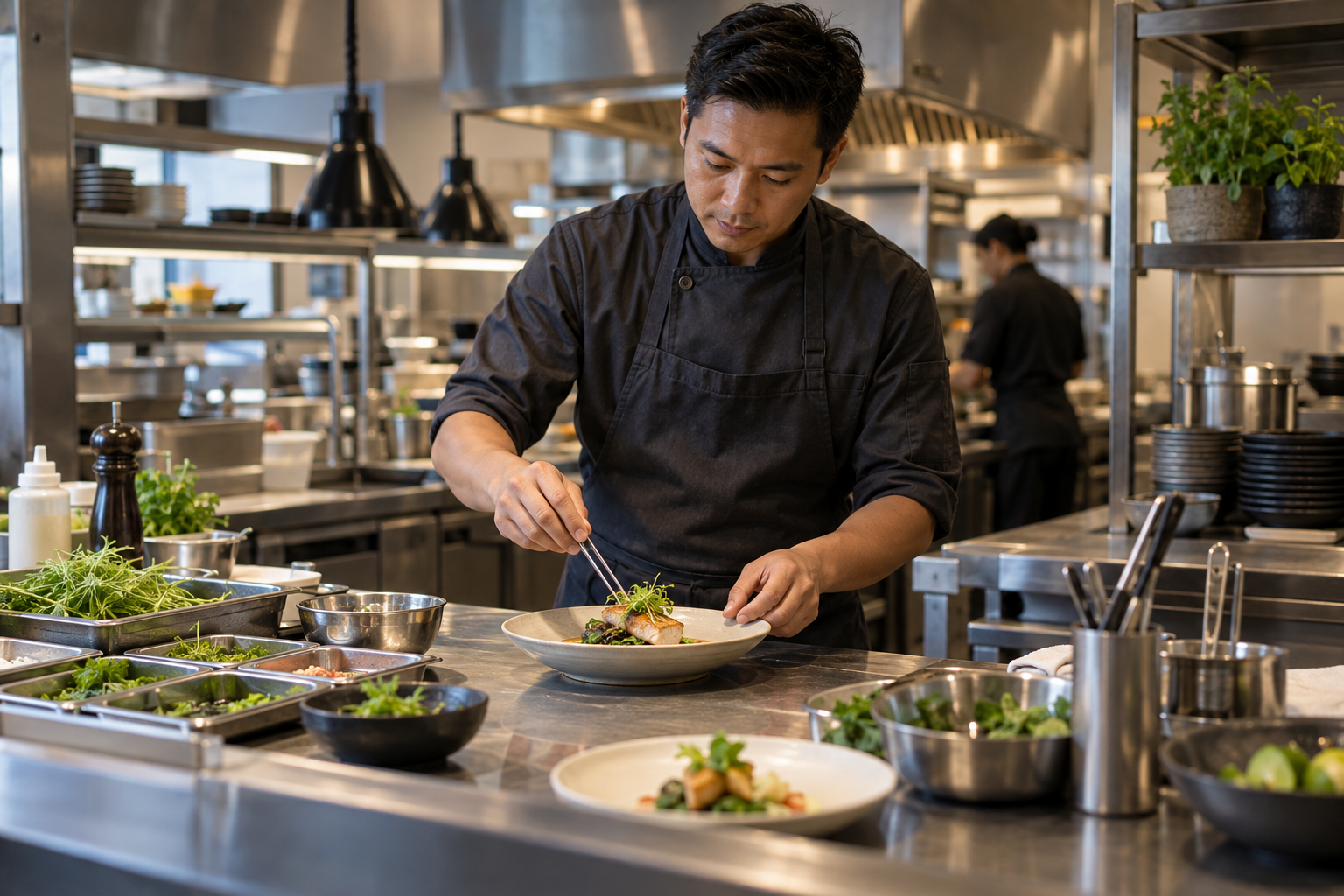 Professional kitchen team preparing food with commercial kitchen equipment